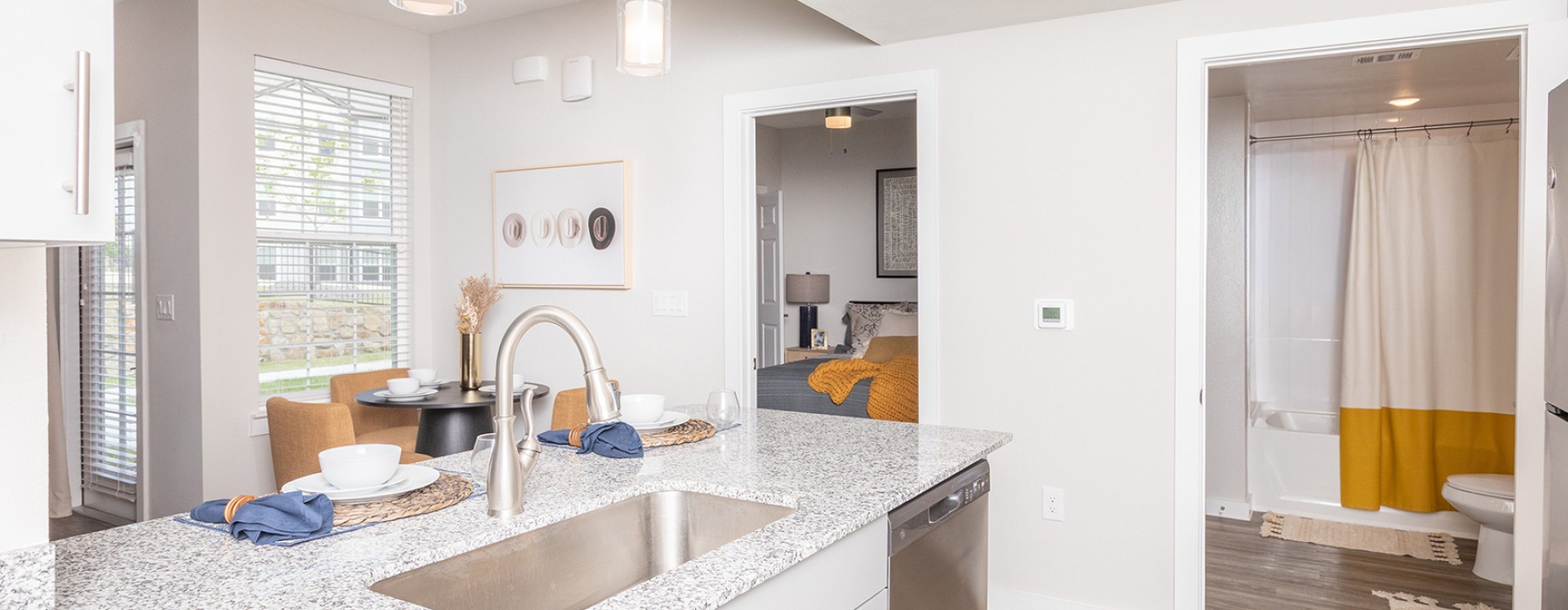 kitchen island with views into the living room